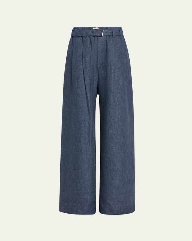 Denim-Effect Linen Wide-Leg Track Pants With Monili Belt Loop